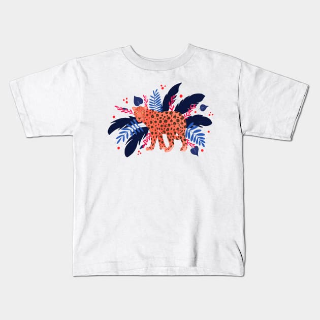 Red leopard in the blue tropical jungle Kids T-Shirt by Home Cyn Home 